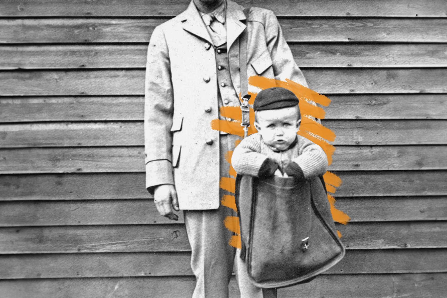 Letter carrier with child in mailbag