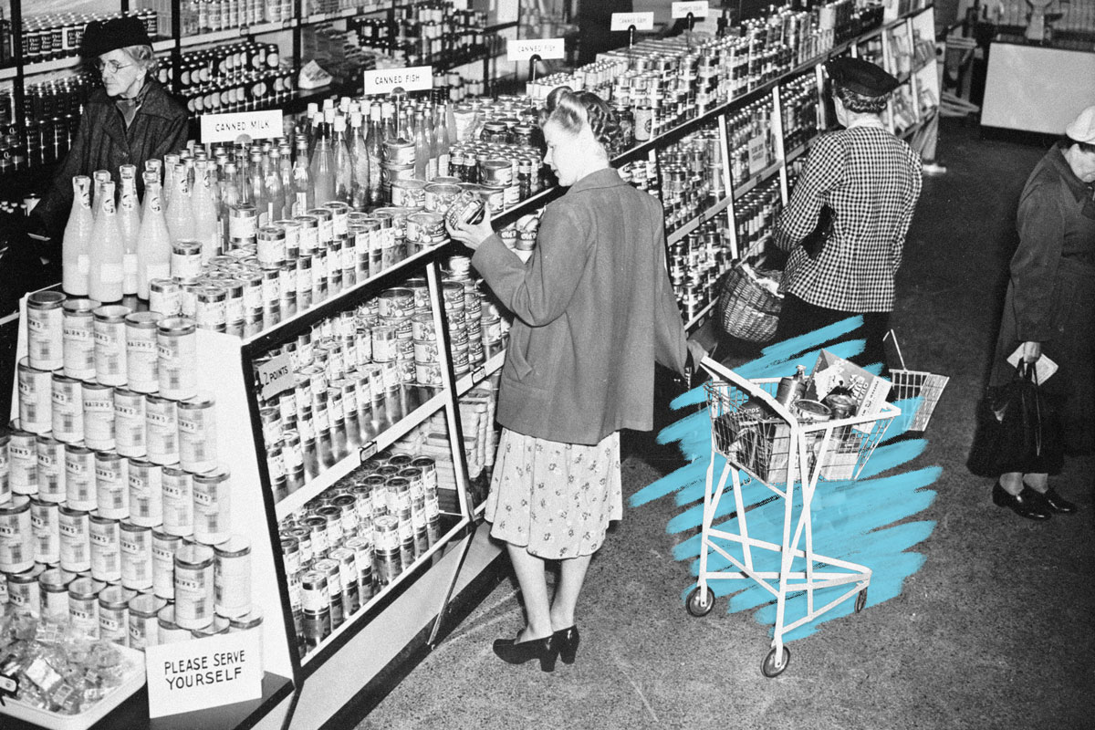 Woman shopping in grocery store with cart