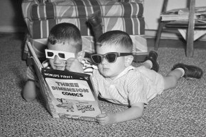 Kids reading 3D comics, 1953