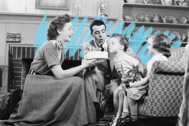 Family celebrating child's birthday, 1950s